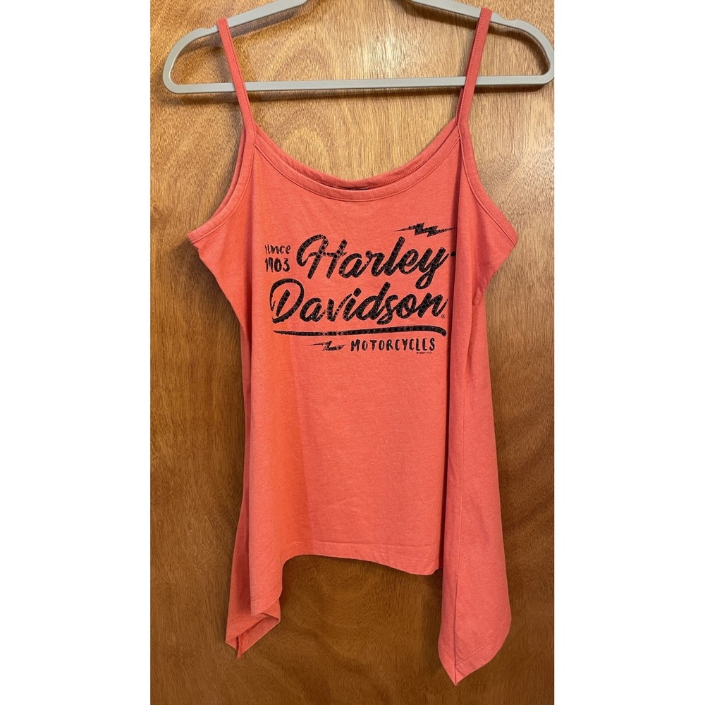 Harley Davidson Red Tank top Womens SZ Large black Sequin shark bite hem